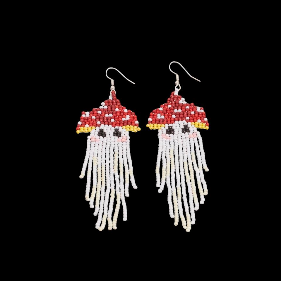 Beaded Mushroom Earrings: Red Toadstool Fringe Dangle