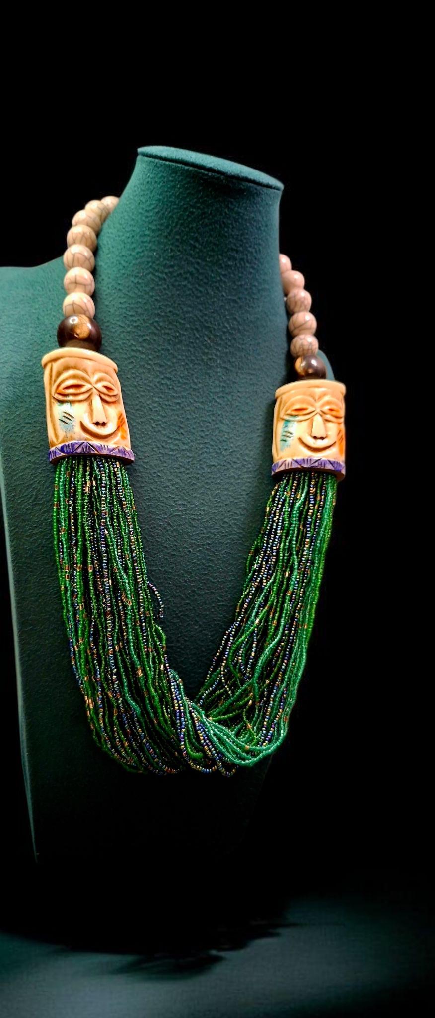 Handmade Nepali Tribal Bone Mask Beaded Necklace - Unique Ethnic Statement Jewelry