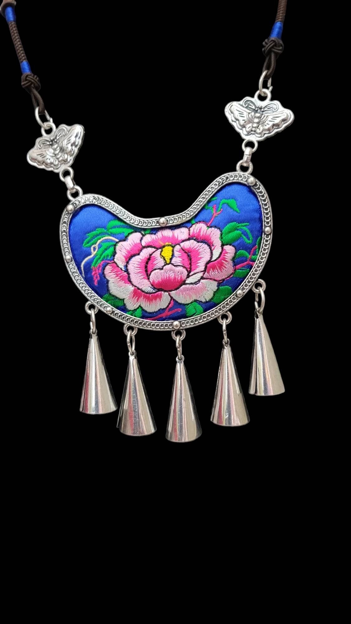 New Design!! Miao Silver Embroidery Necklace,Butterfly Dangle Earring,Circular Flower design,Bold Ethnic Earring, Traditional Earrings,Boho