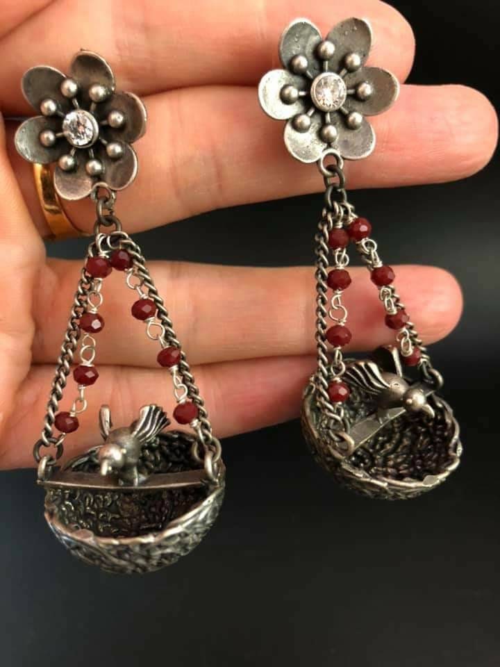 Handmade Bird Nest Earrings: Silver Metal Dangle Earrings