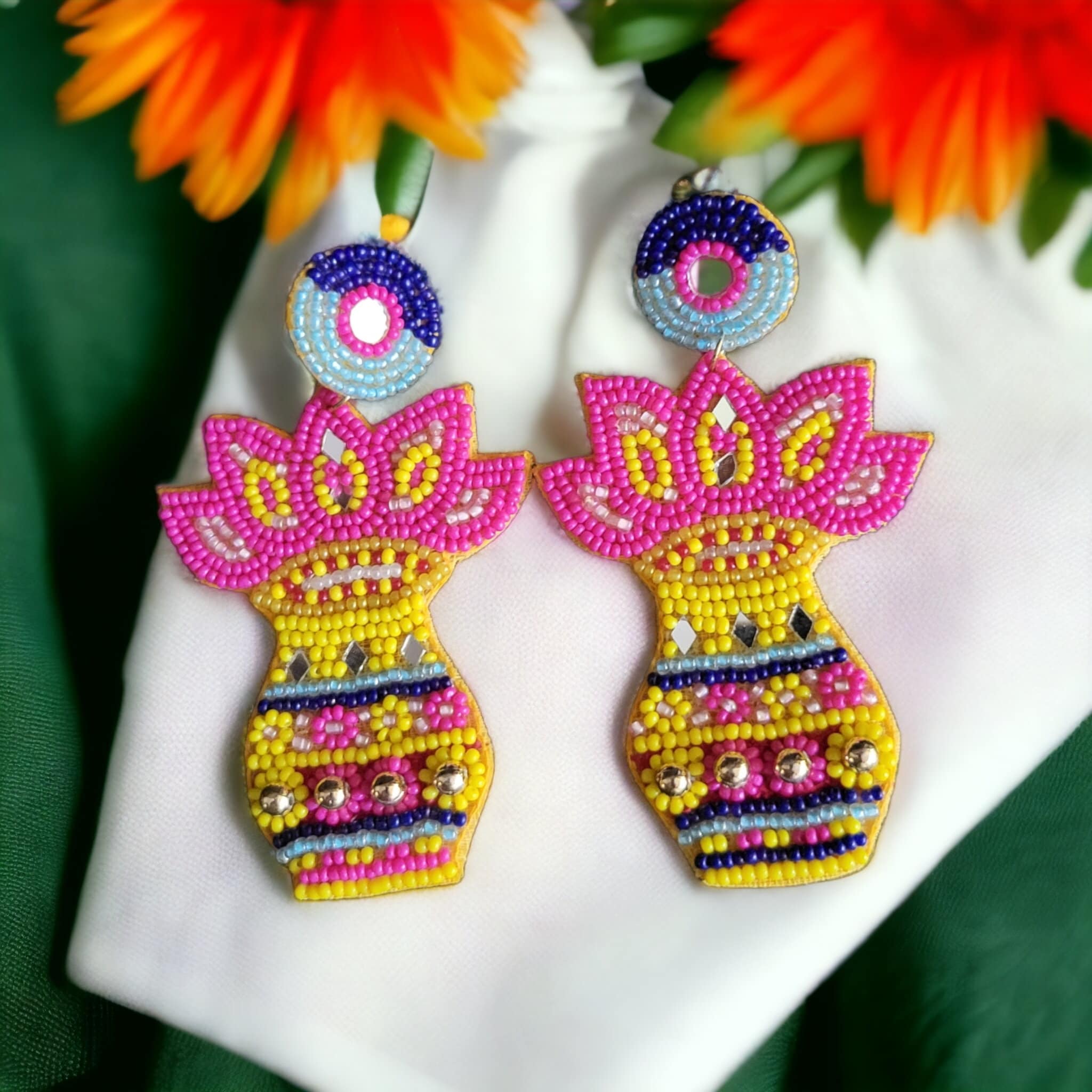 Colorful Beaded Flower Pot Earrings - Handcrafted Statement Jewelry