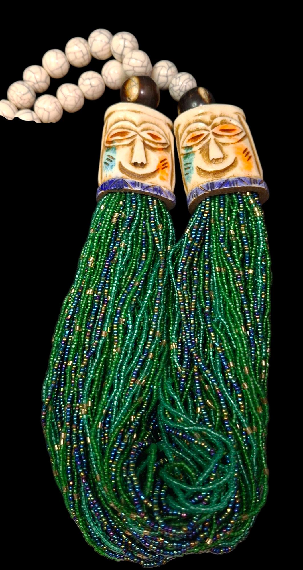 Handmade Nepali Tribal Bone Mask Beaded Necklace - Unique Ethnic Statement Jewelry