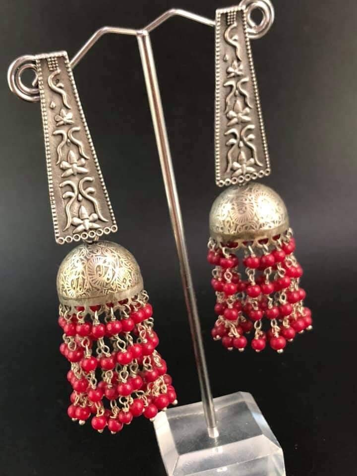 Oxidized Jhumki Earrings: Silver Look, Red Bead Tassels