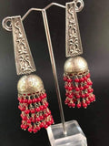 Oxidized Jhumki Earrings: Silver Look, Red Bead Tassels