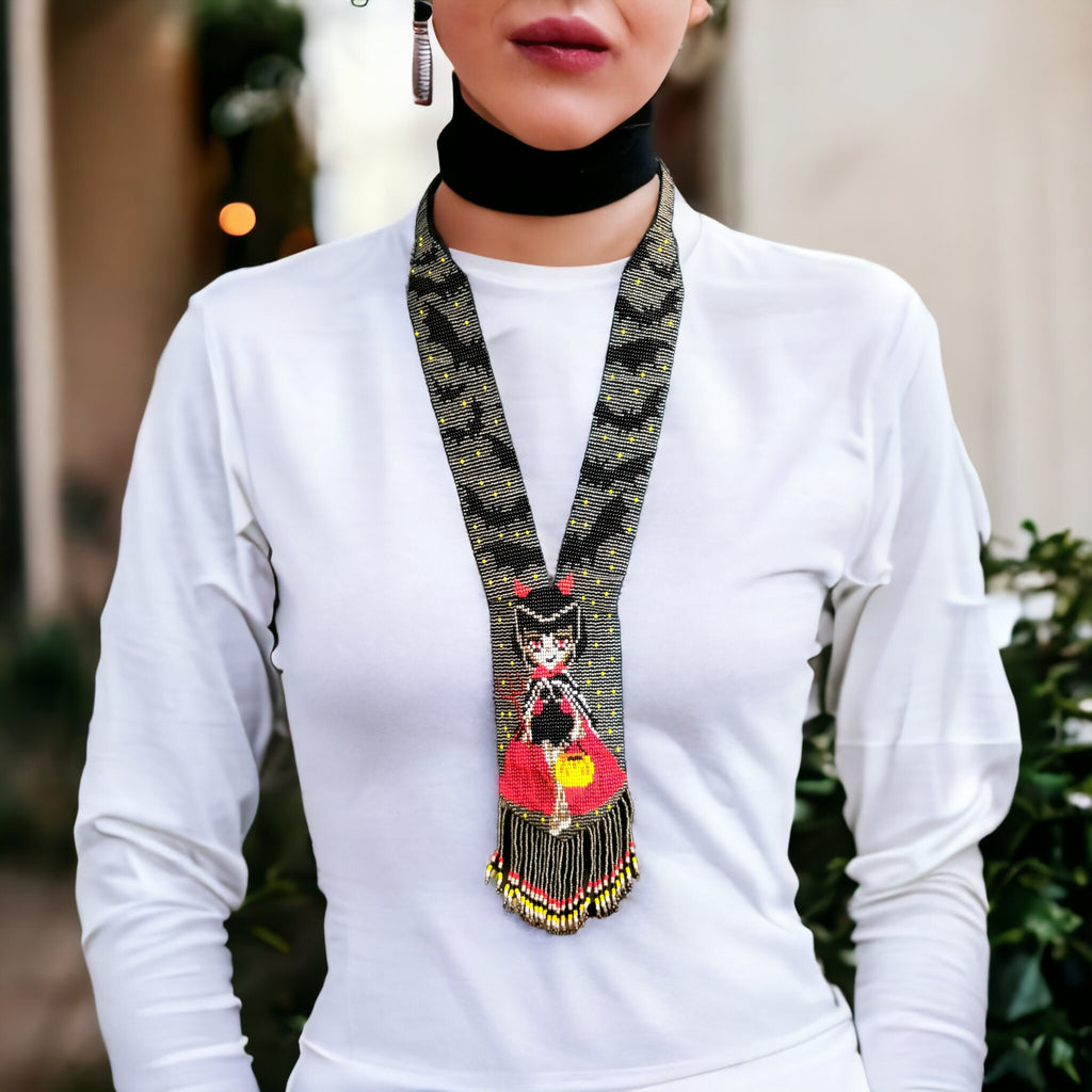 Handmade Beaded Halloween Necklace: Bat & Costume Girl Motif