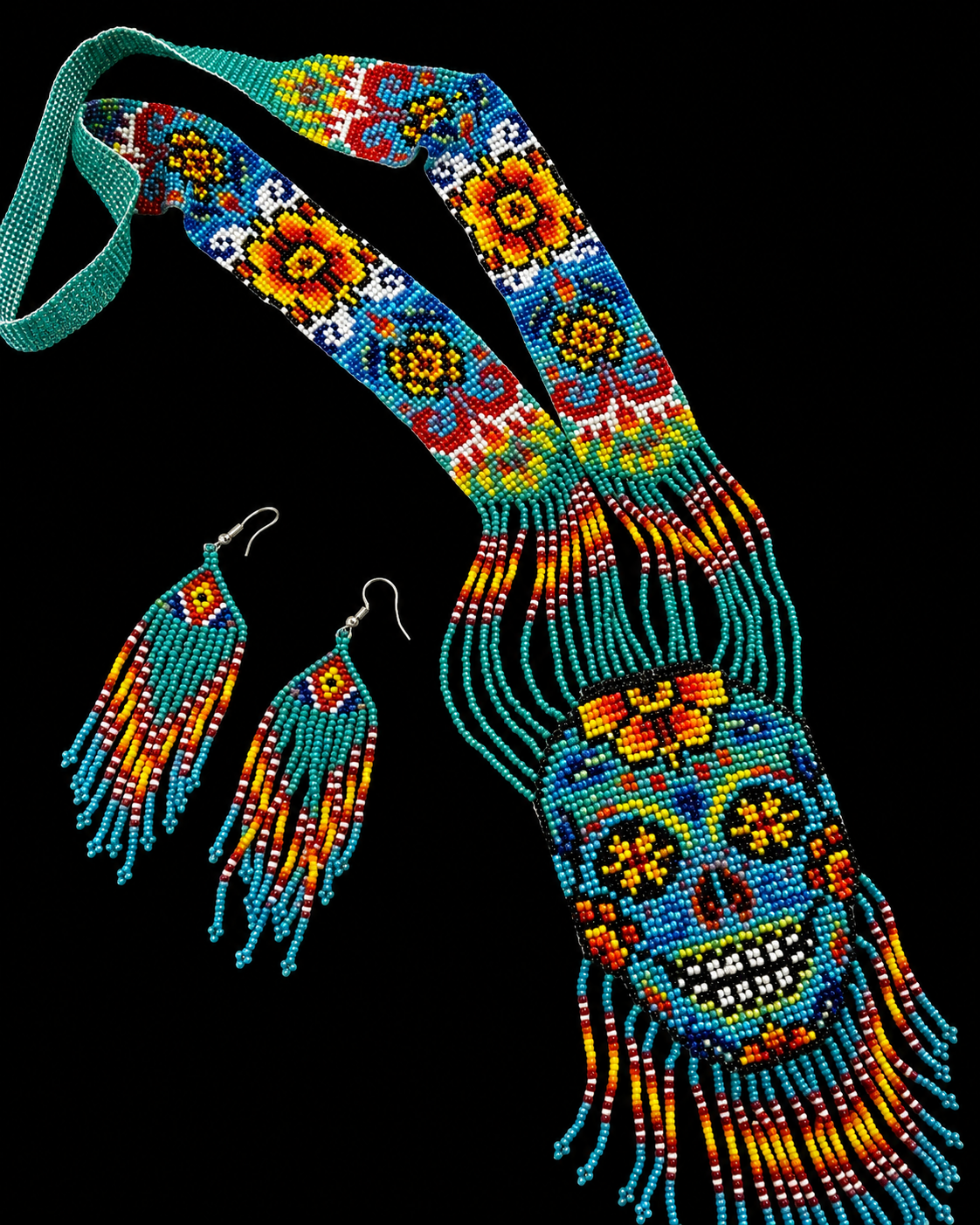 Handmade Turquoise Beaded Skull Necklace & Earrings Set