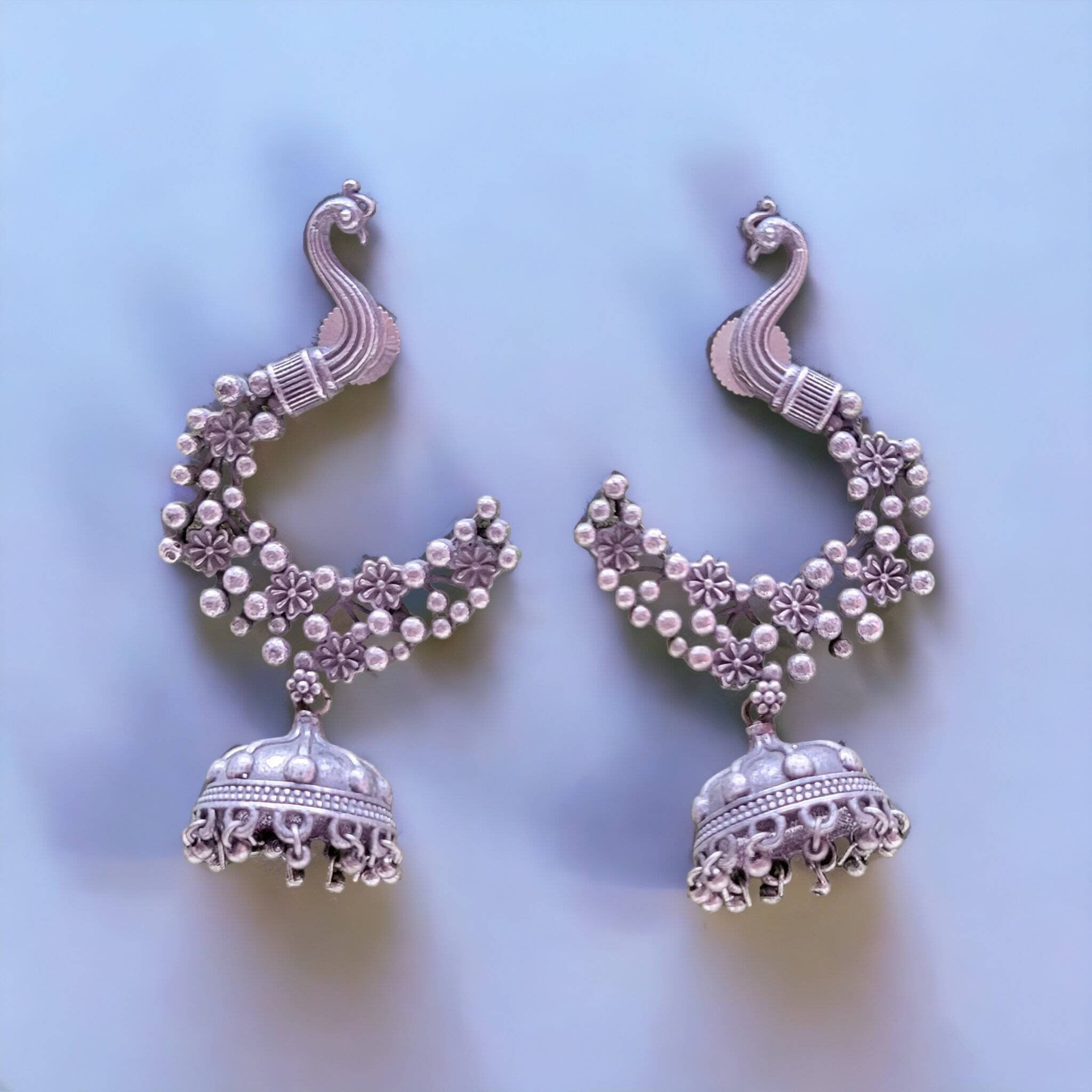 Peacock Jhumka Earrings with Ear Chains: German Silver Ethnic Jewelry