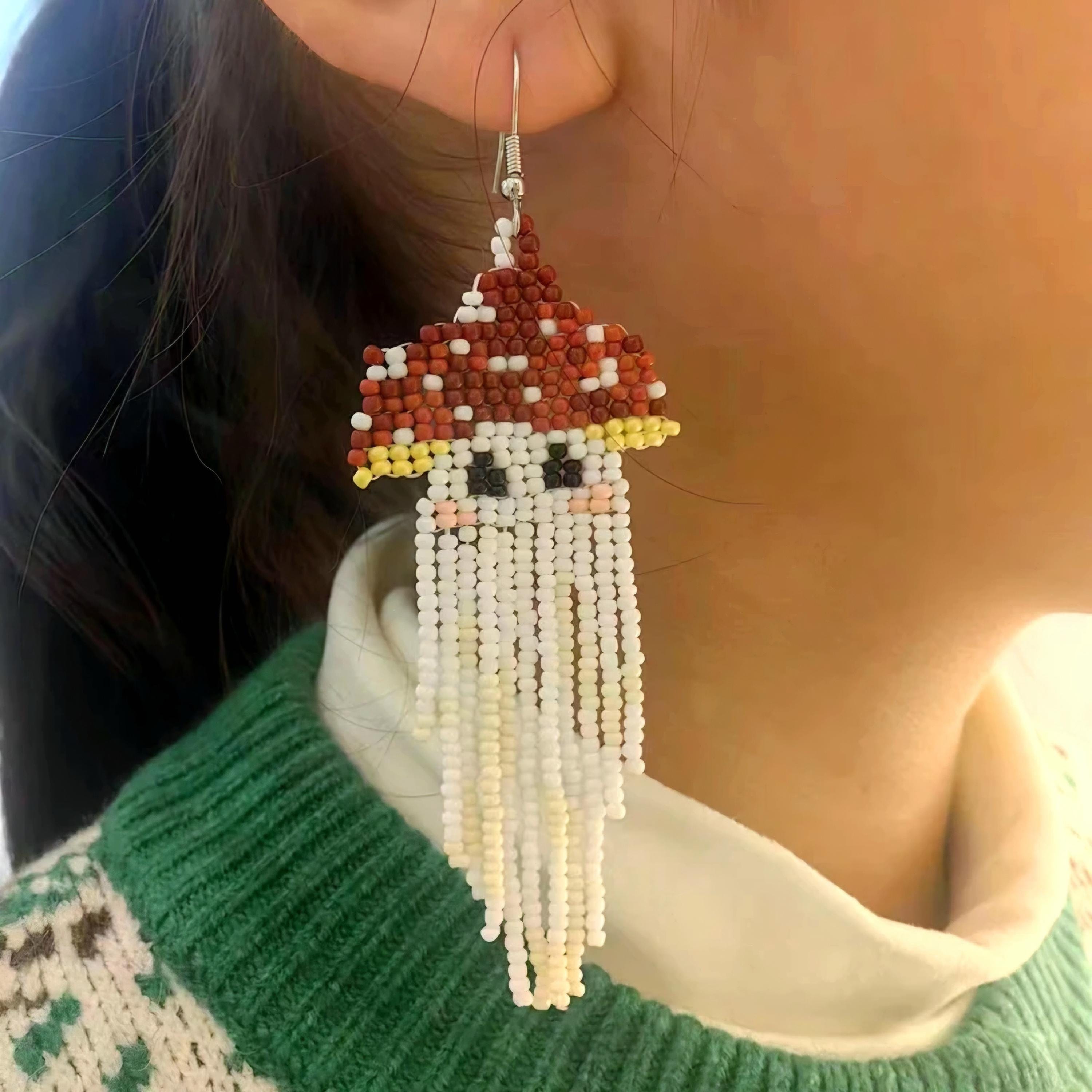 Beaded Mushroom Earrings: Red Toadstool Fringe Dangle