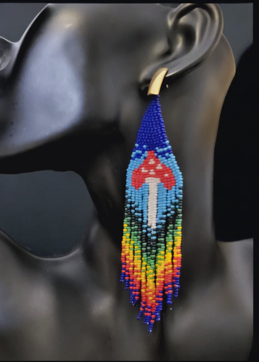 Beaded Mushroom Fringe Earrings: Toadstool Dangle Earrings