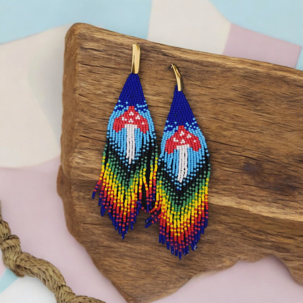 Beaded Mushroom Fringe Earrings: Toadstool Dangle Earrings