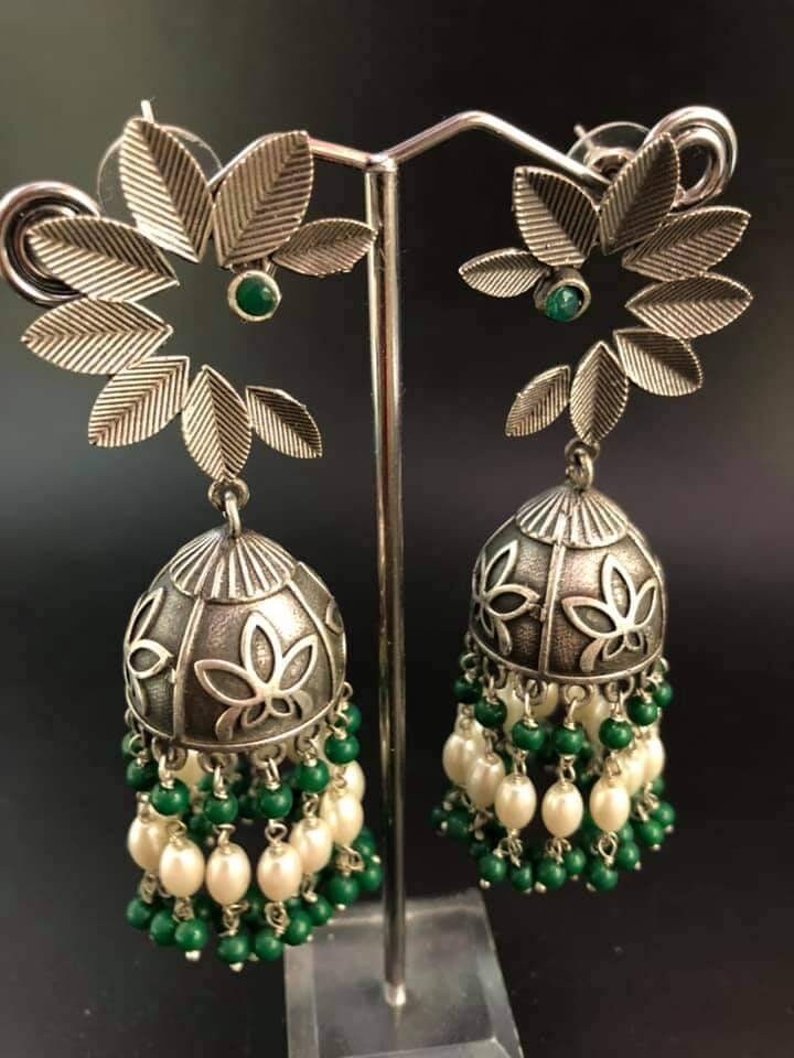 Wysokiej jakości oksydowane kolczyki ze srebra niemieckiego, replika Flora Jhumka, imitacja srebra, lekkie kolczyki | Biżuteria indyjska, biżuteria boho, cygańska