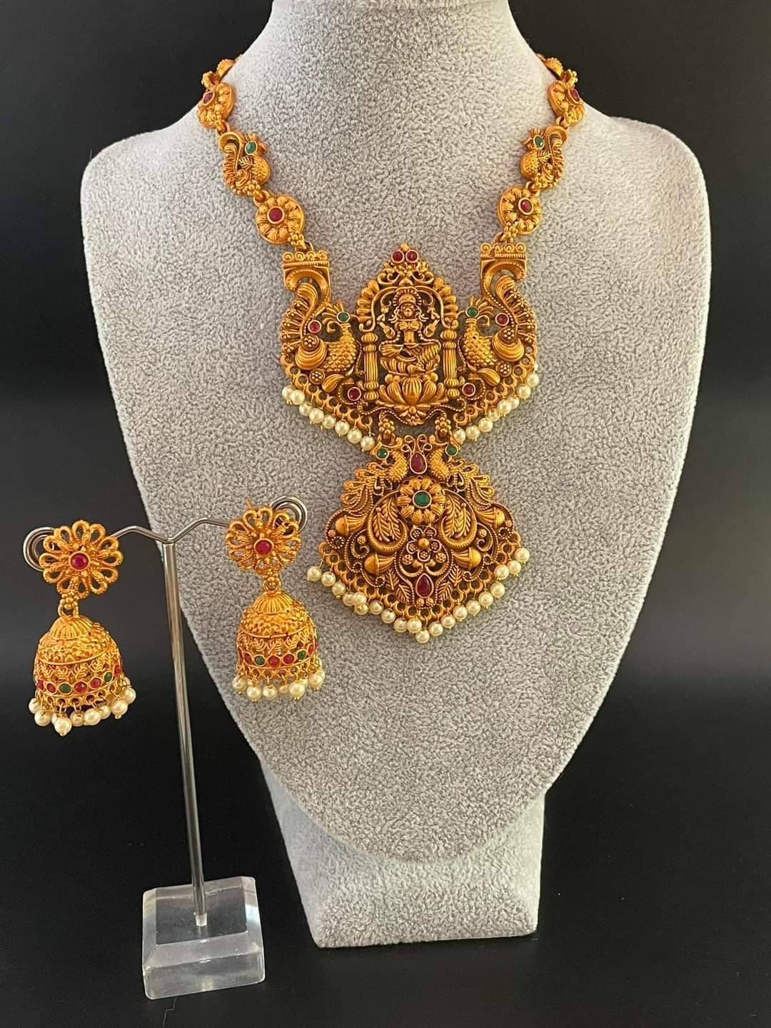 Gold Plated Laxmi Necklace Set: Brass Hindu Goddess Jewelry