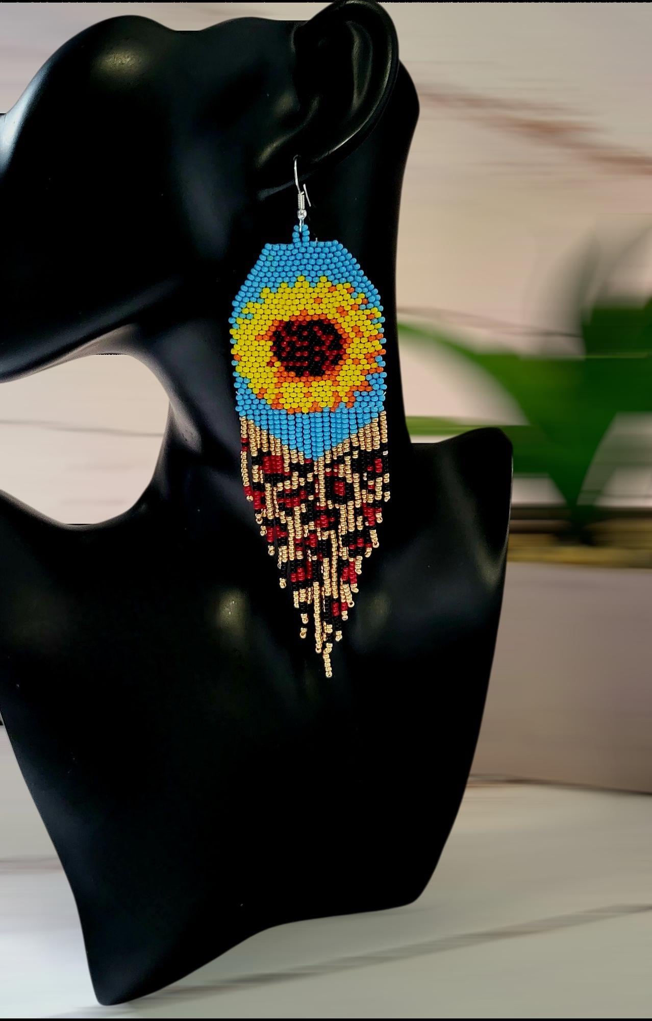 Handcrafted Sunflower Dangle Earrings,Beaded Fringe Earrings, Gerdan Style,Unique Boho Jewelry,Gift for Her