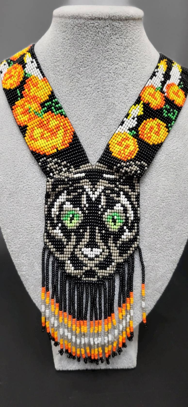 Beaded Cat &amp; Pumpkin Necklace Set: Halloween Statement Jewelry