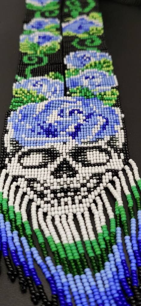 Handmade Seed Bead Skull Necklace: Ethnic Rose Design