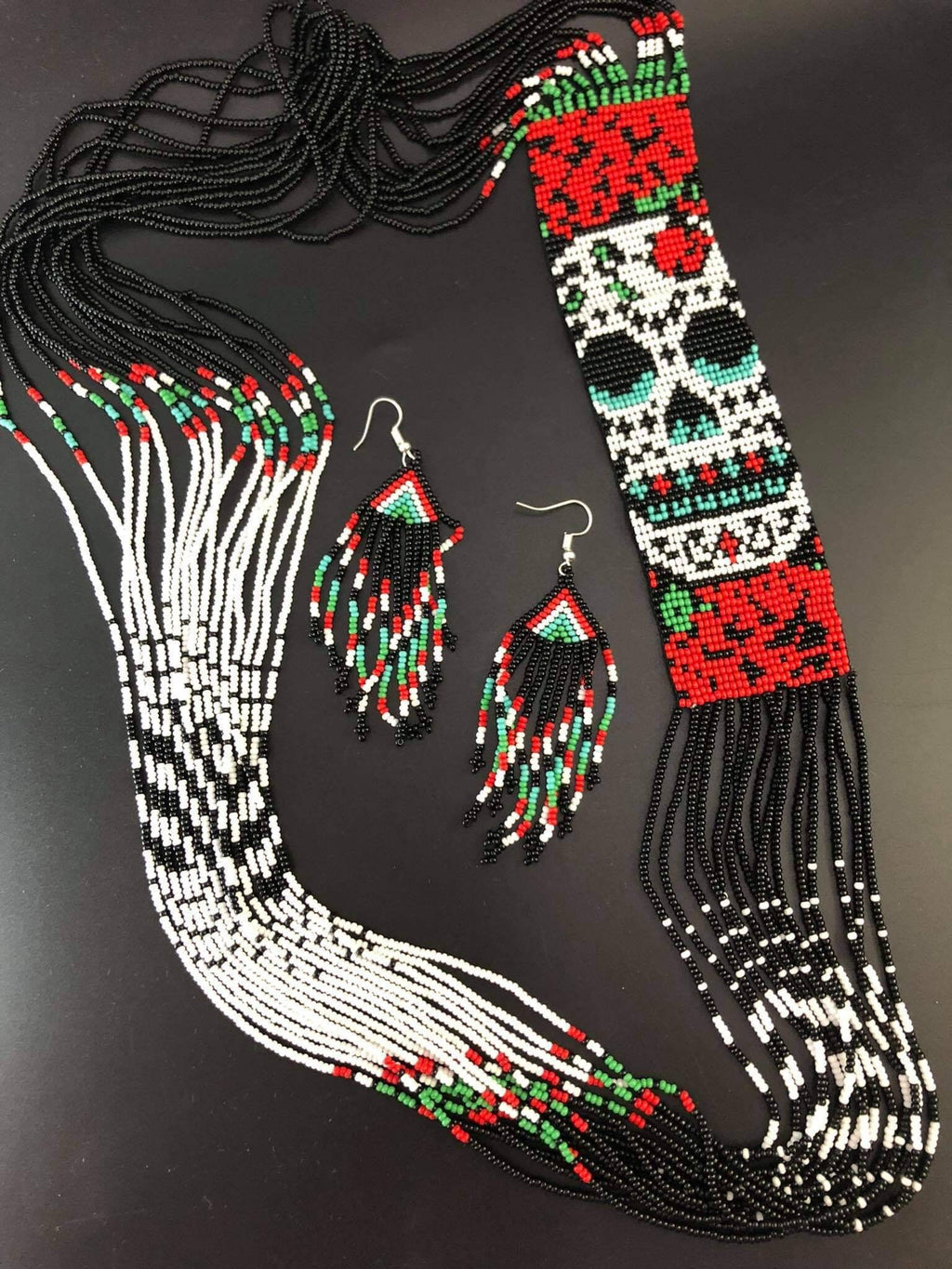 Handmade Seed Bead Sugar Skull Necklace & Earrings Set