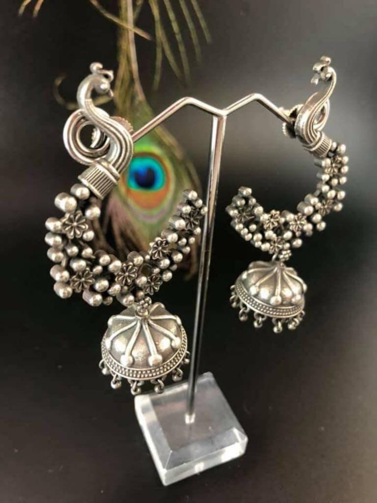 Peacock Jhumka Earrings with Ear Chains: German Silver Ethnic Jewelry