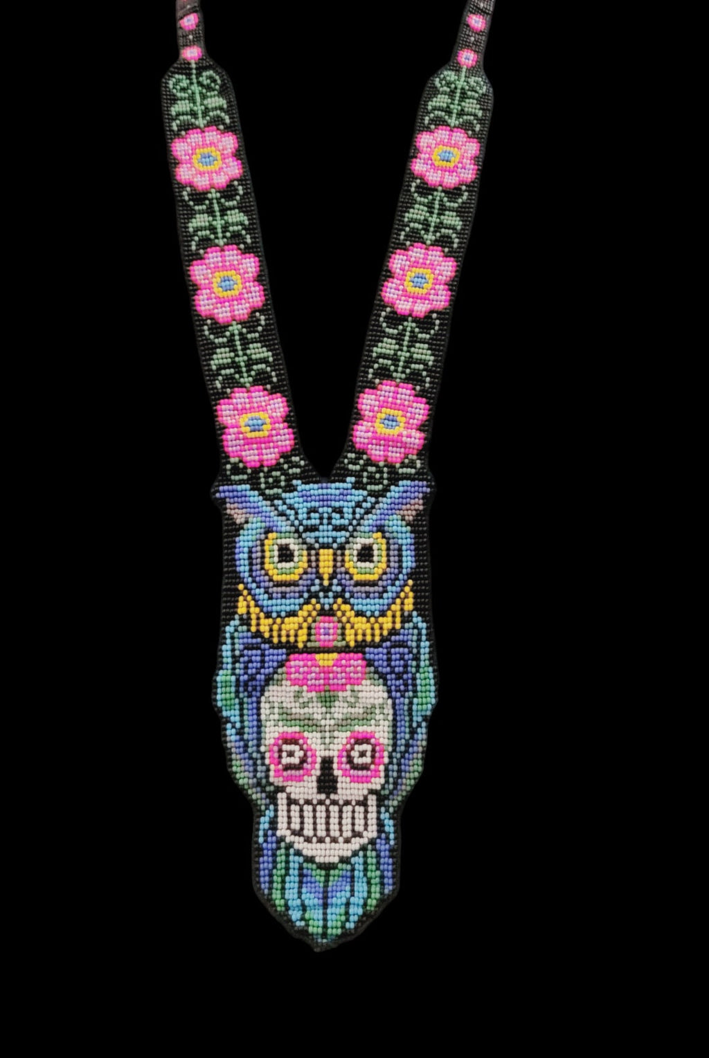 Handmade Beaded Owl Necklace: Skull Motif, Floral Chain
