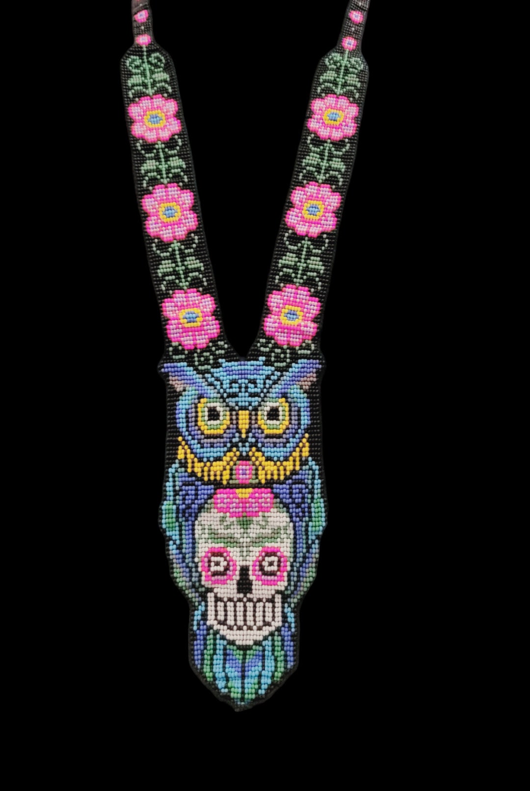 Handmade Beaded Owl Necklace: Skull Motif, Floral Chain