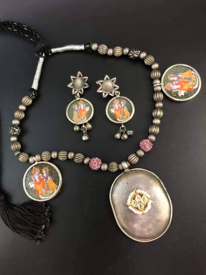 Handmade Krishna Radha Choker Necklace & Earrings Set