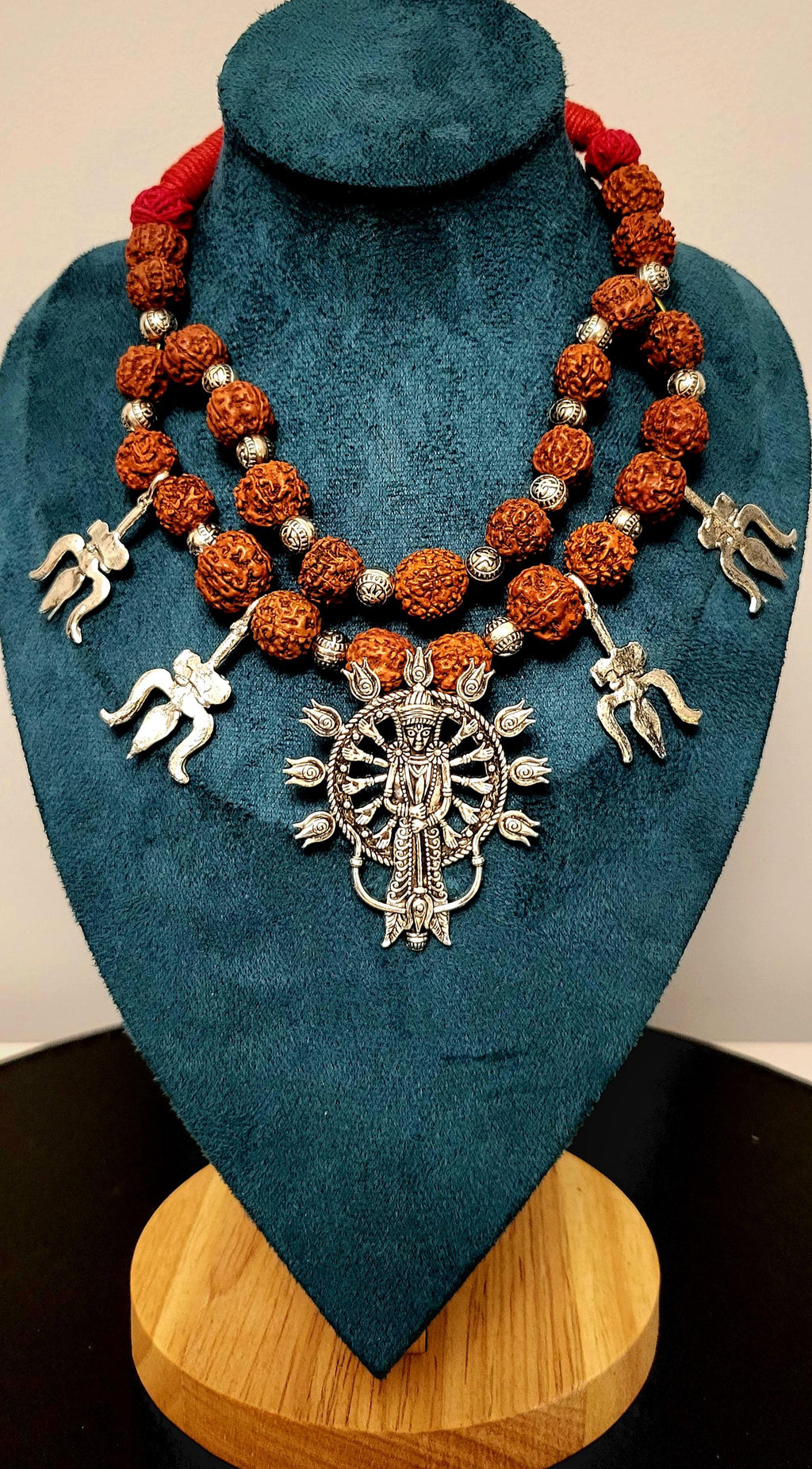Handmade Silver Krishna Necklace: Rudraksha Chain, Hindu God Pendant