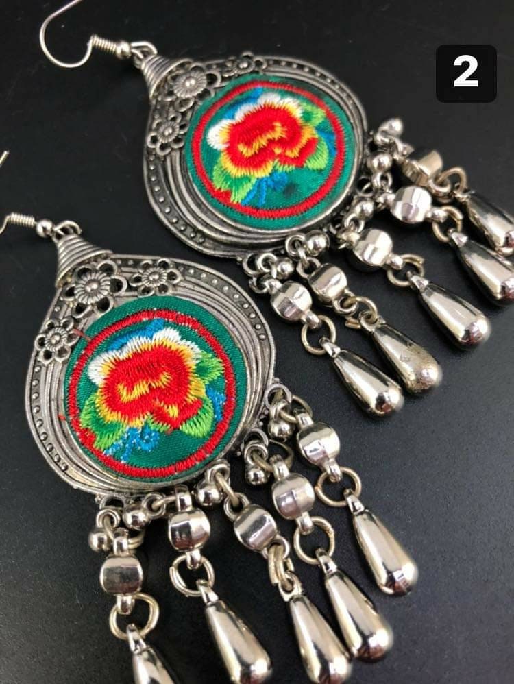 Miao Silver Dangle Earrings: Hmong Embroidered Flower, Ethnic Boho
