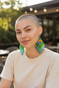Vibrant Beaded Peacock Feather Earrings | Handwoven Green Fringe Dangle Earrings | Statement Seed Bead Jewelry Gift