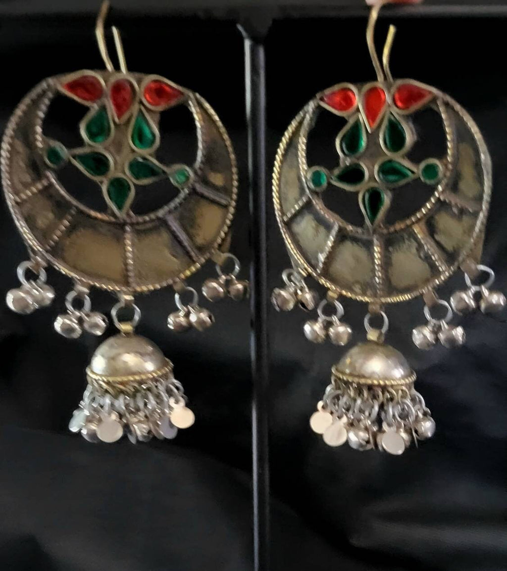 VINTAGE AFGAŃSKIE JHUMKA, stare złoto, niemieckie srebro, kształt półksiężyca, vintage jhumka, ręcznie robione kolczyki, afgańska biżuteria, taniec brzucha