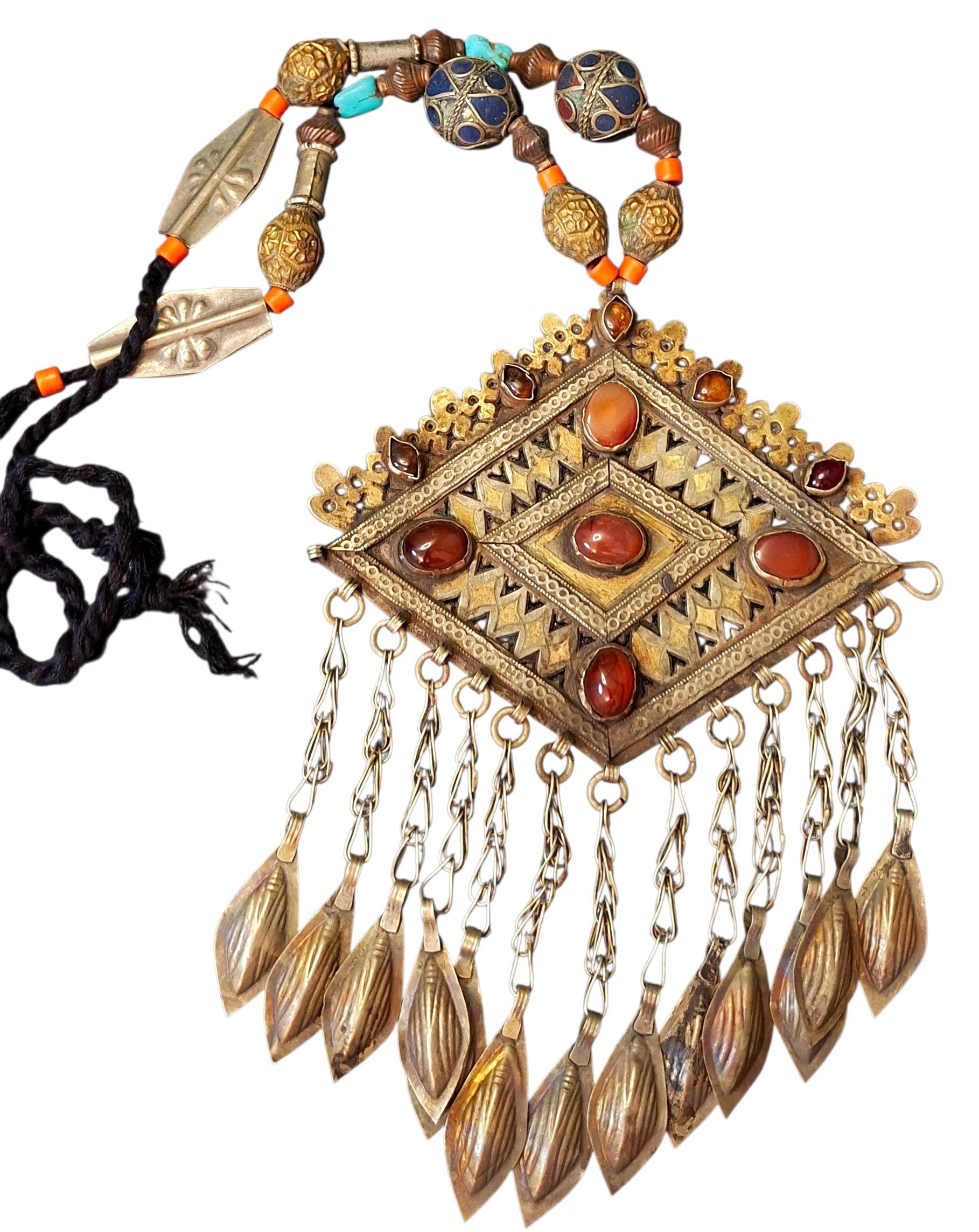 Vintage Turkmen Necklace ,Tribal,Necklace,Handcrafted Silver,Tone Pendant with Carnelian & Lapis Lazuli ,Ethnic Jewelry