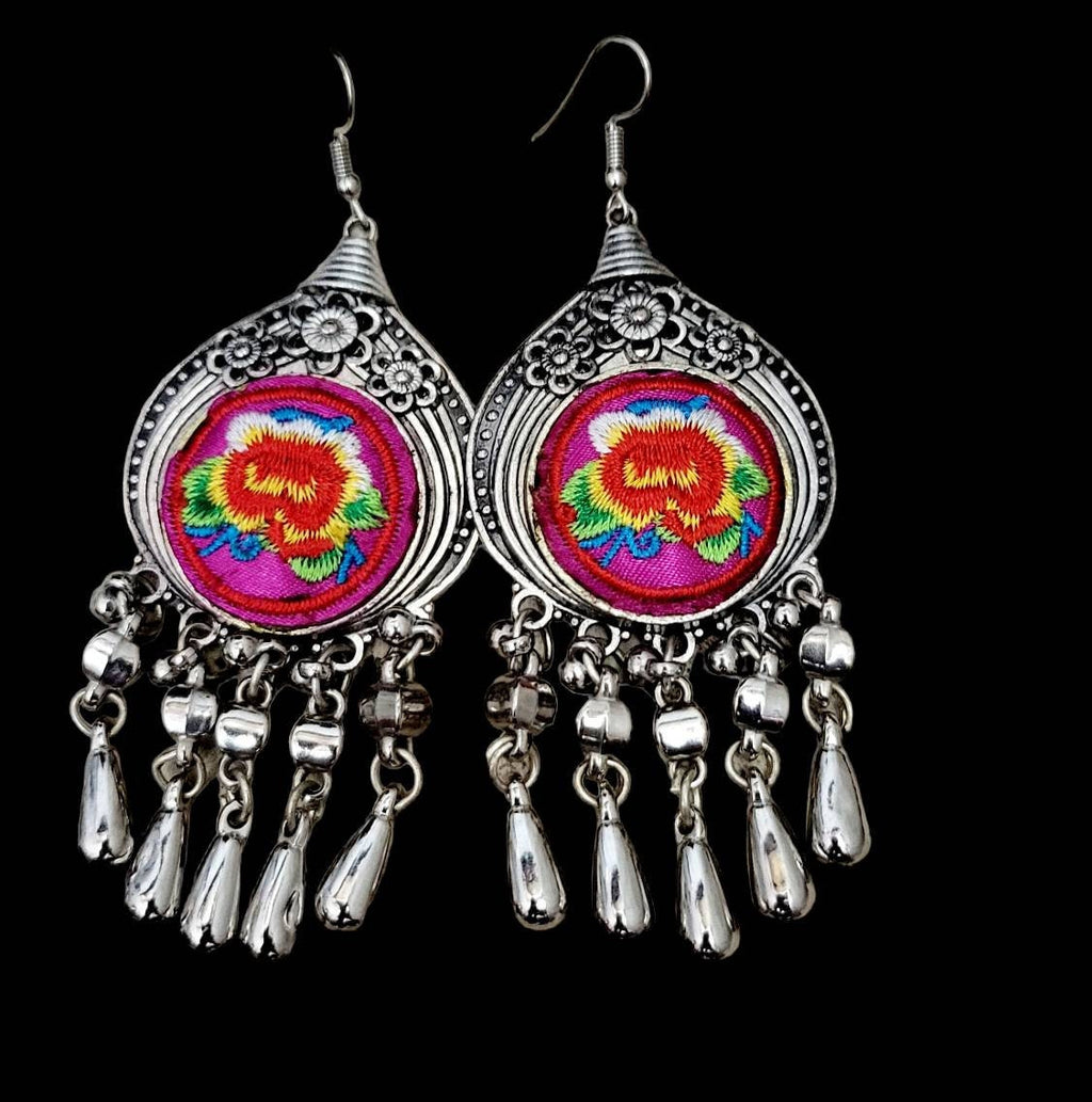 Miao Silver Flower Embroidery Earrings: Hmong Ethnic Dangle Earrings