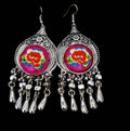Miao Silver Flower Embroidery Earrings: Hmong Ethnic Dangle Earrings