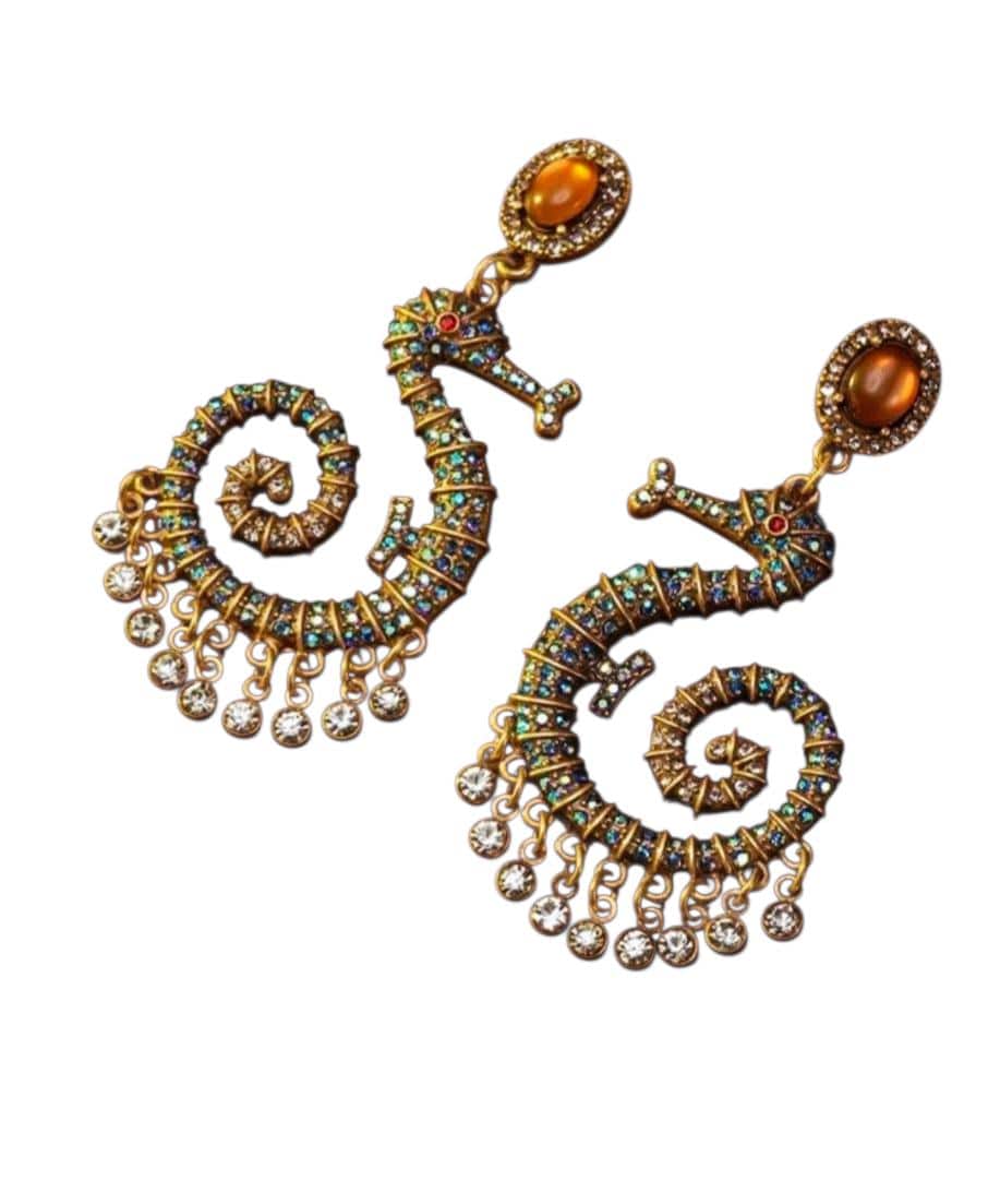 Vintage Style Seahorse Drop Earrings – Ornate Gold Nautical Jewelry with Pavé Crystals and Amber Accents – Bohemian Sea Life Statement Earri