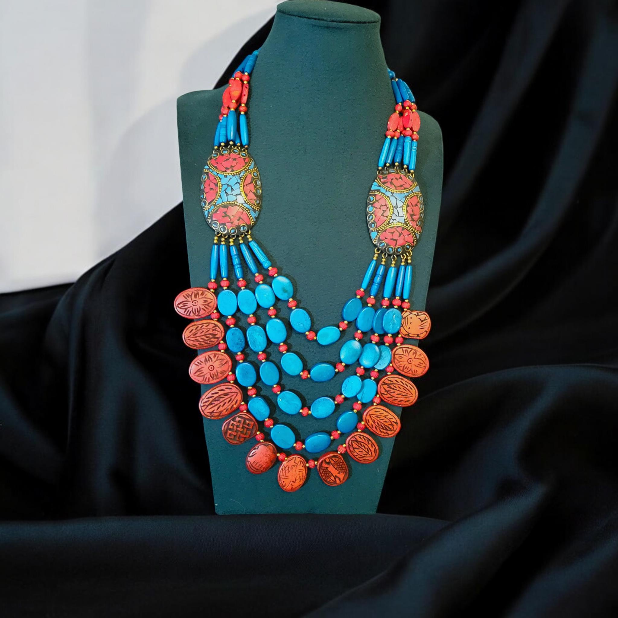 Nepalese Turquoise Beaded Necklace: Boho Ethnic Jewelry