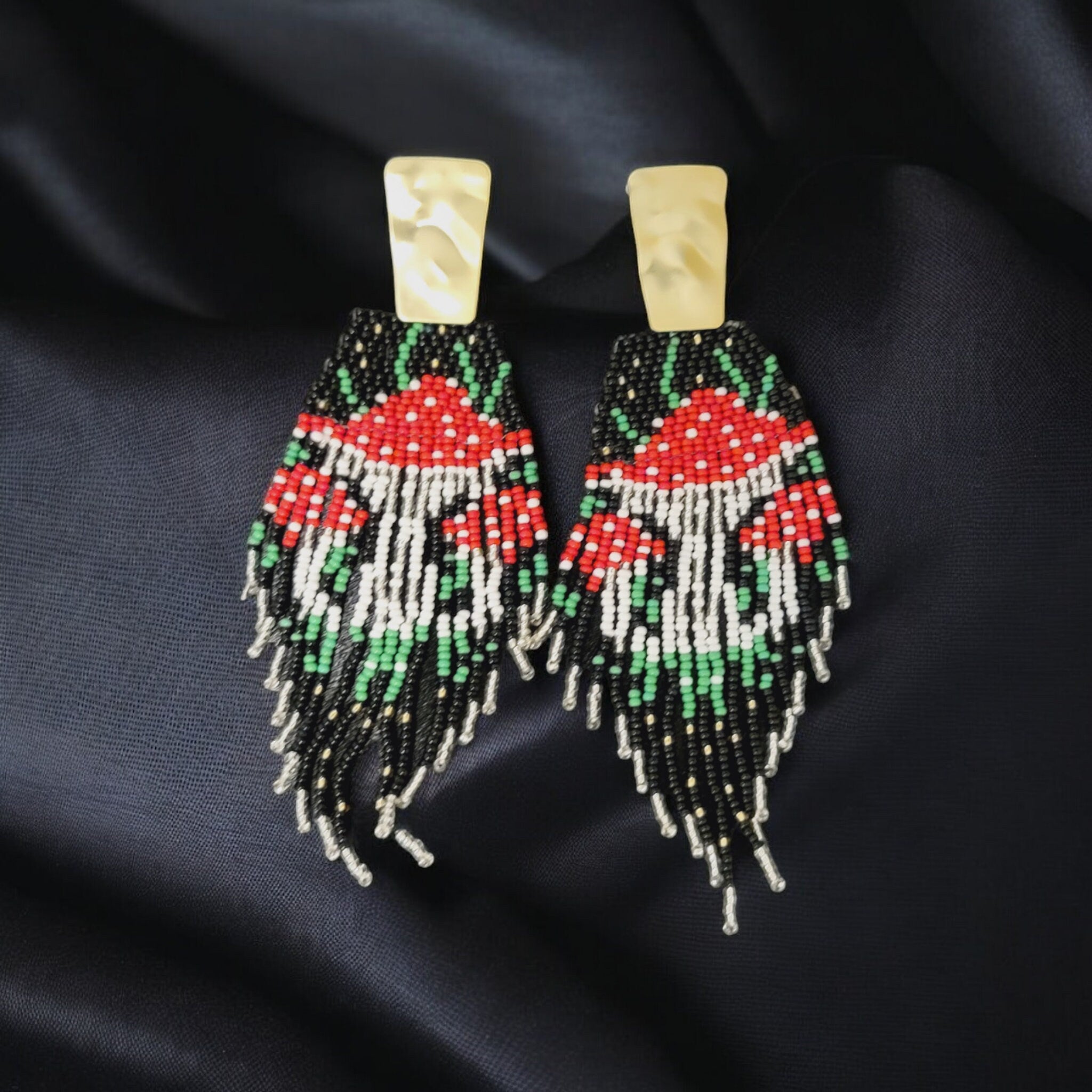 Beaded Mushroom Fringe Earrings: Toadstool Dangle Earrings