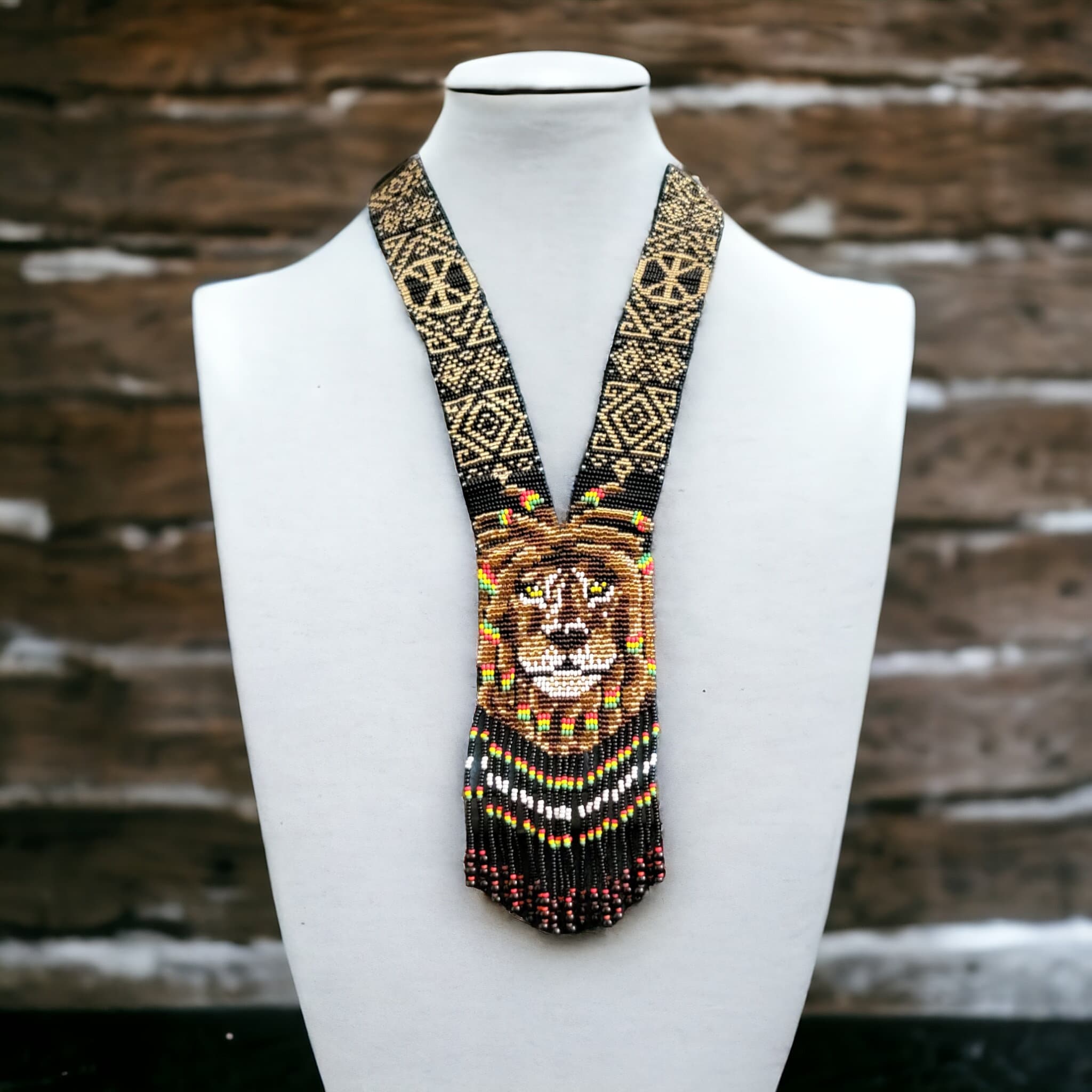 Handmade Beaded Lion Necklace: Ethnic Woven Pendant