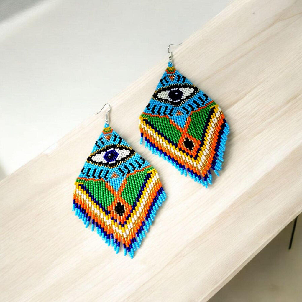 Handmade Evil Eye Seed Bead Earrings: Long Fringe Dangle Jewelry