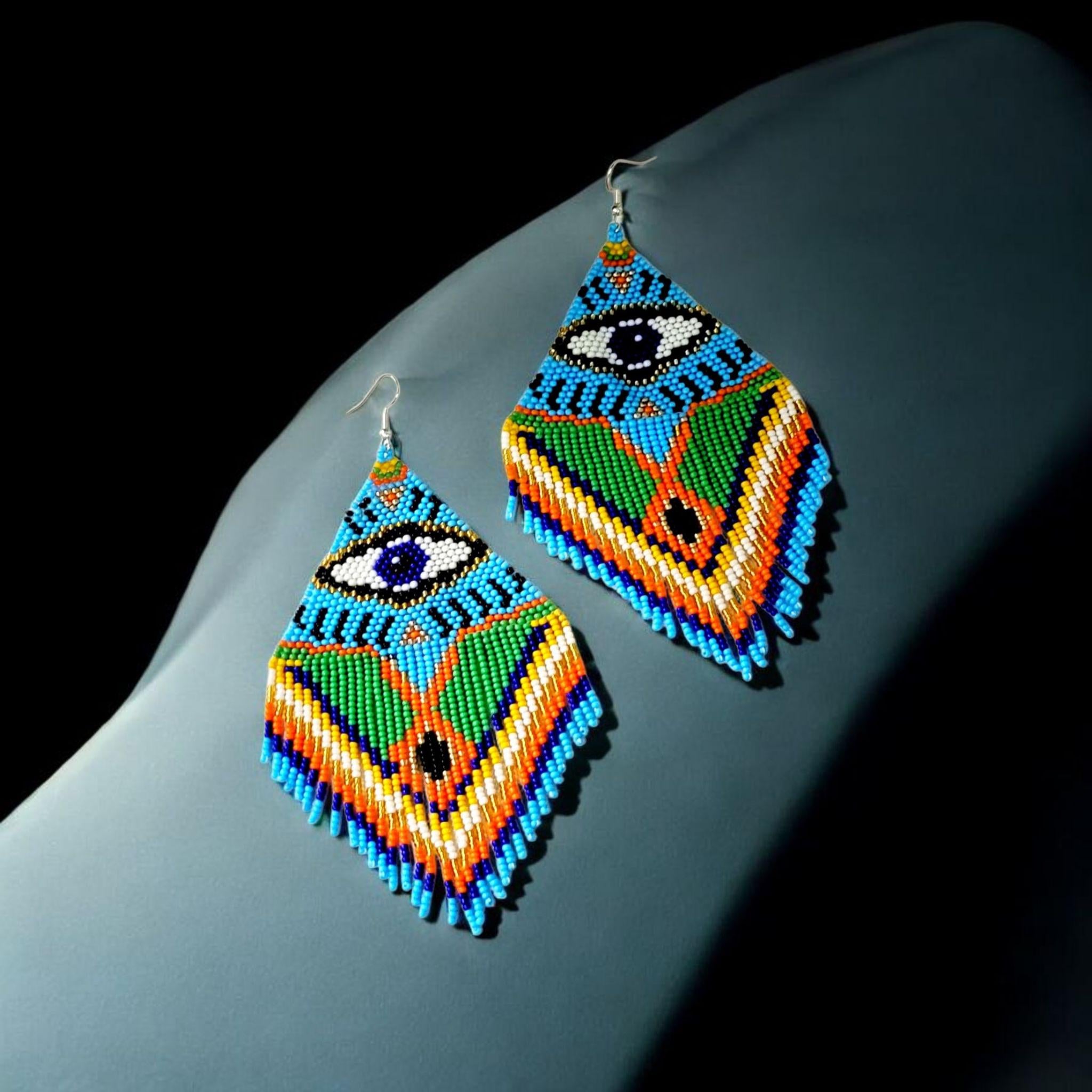 Handmade Evil Eye Seed Bead Earrings: Long Fringe Dangle Jewelry