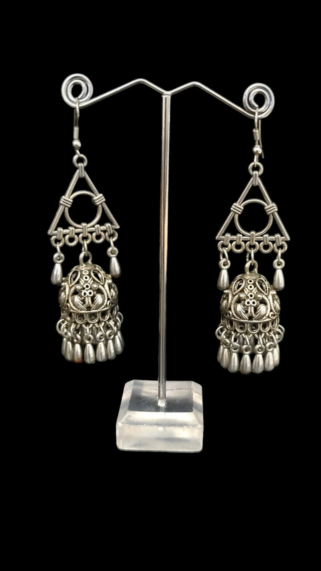 Oxidized Silver Plated Jhumka Earrings: Triangle Drop Dangle, 925 Hook
