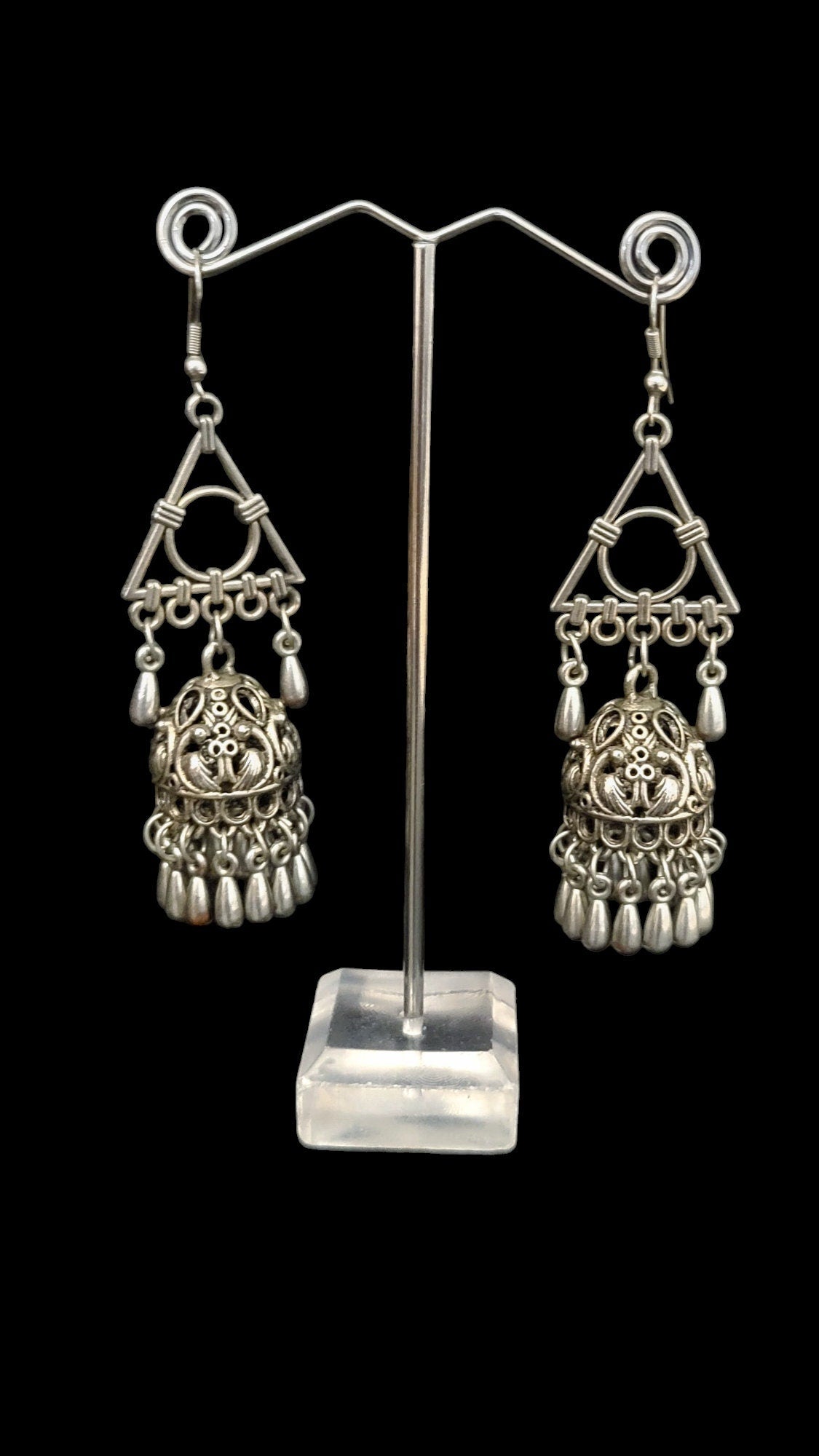 Oxidized Silver Plated Jhumka Earrings: Triangle Drop Dangle, 925 Hook