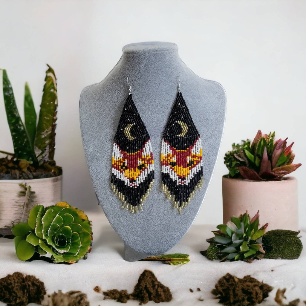 Red Fox Beaded Fringe Earrings: Long Sterling Silver 925
