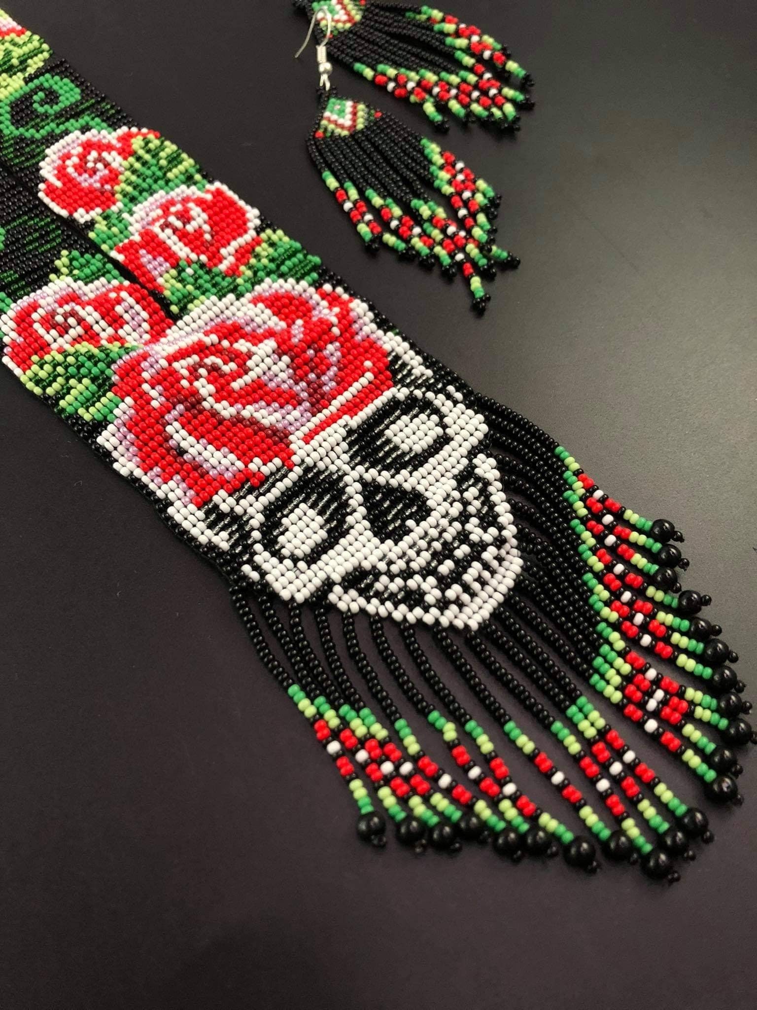 Handmade Seed Bead Skull Necklace: Ethnic Sugar Skull Jewelry
