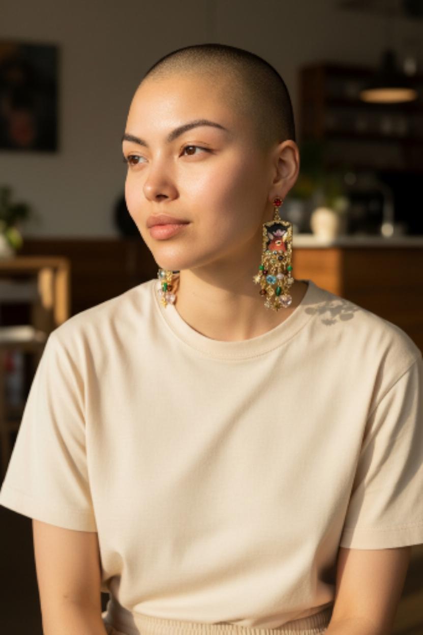 Whimsical Deer Portrait Drop Earrings – Maximalist Gold Chandelier Earrings with Floral Fawn, Crystals, and Celestial Charms – Statement Boh