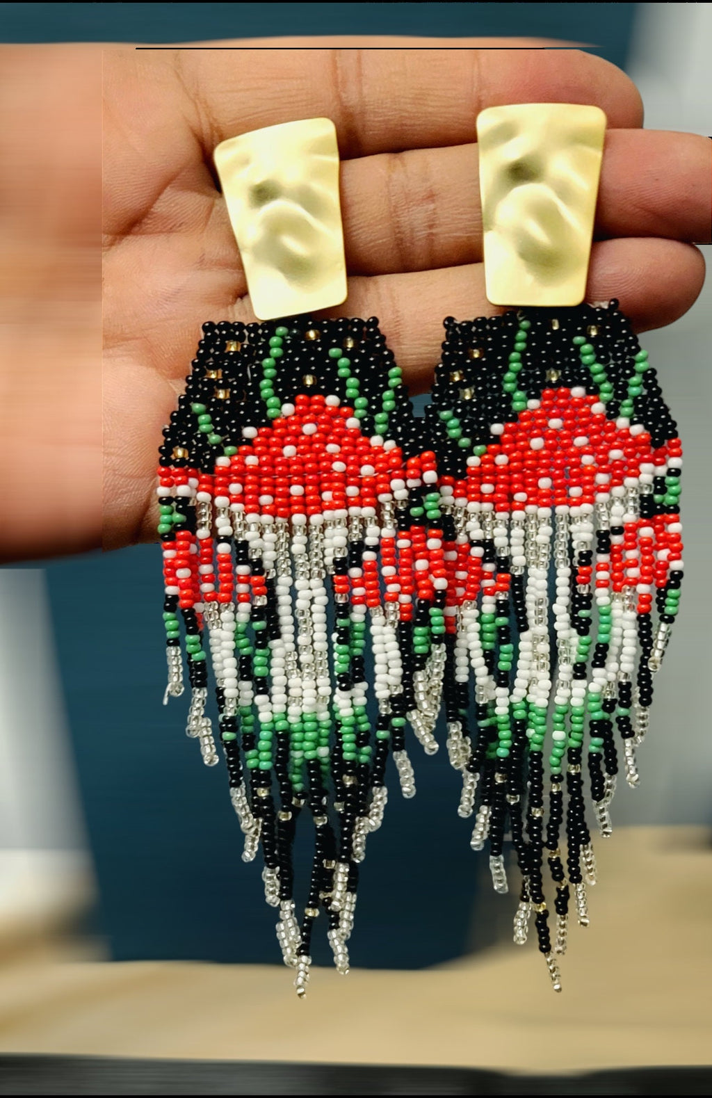 Beaded Mushroom Fringe Earrings: Toadstool Dangle Earrings