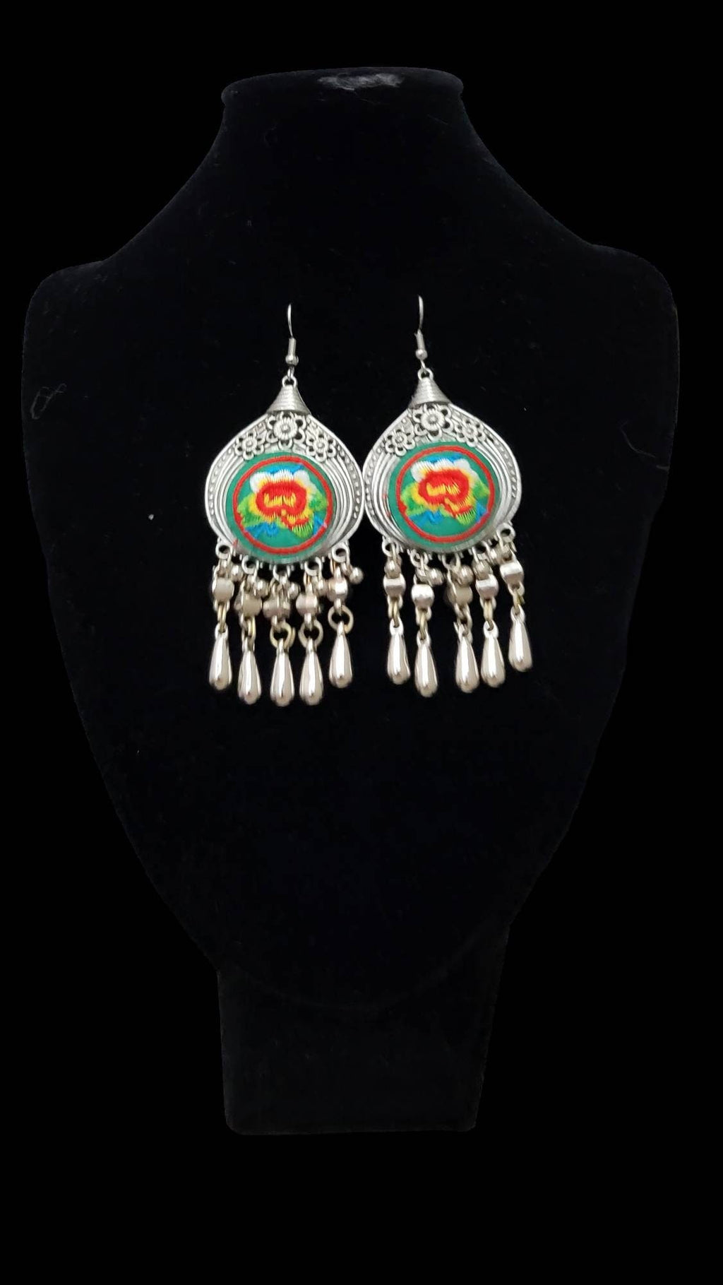 Miao Silver Dangle Earrings: Embroidered Flower, Ethnic Boho