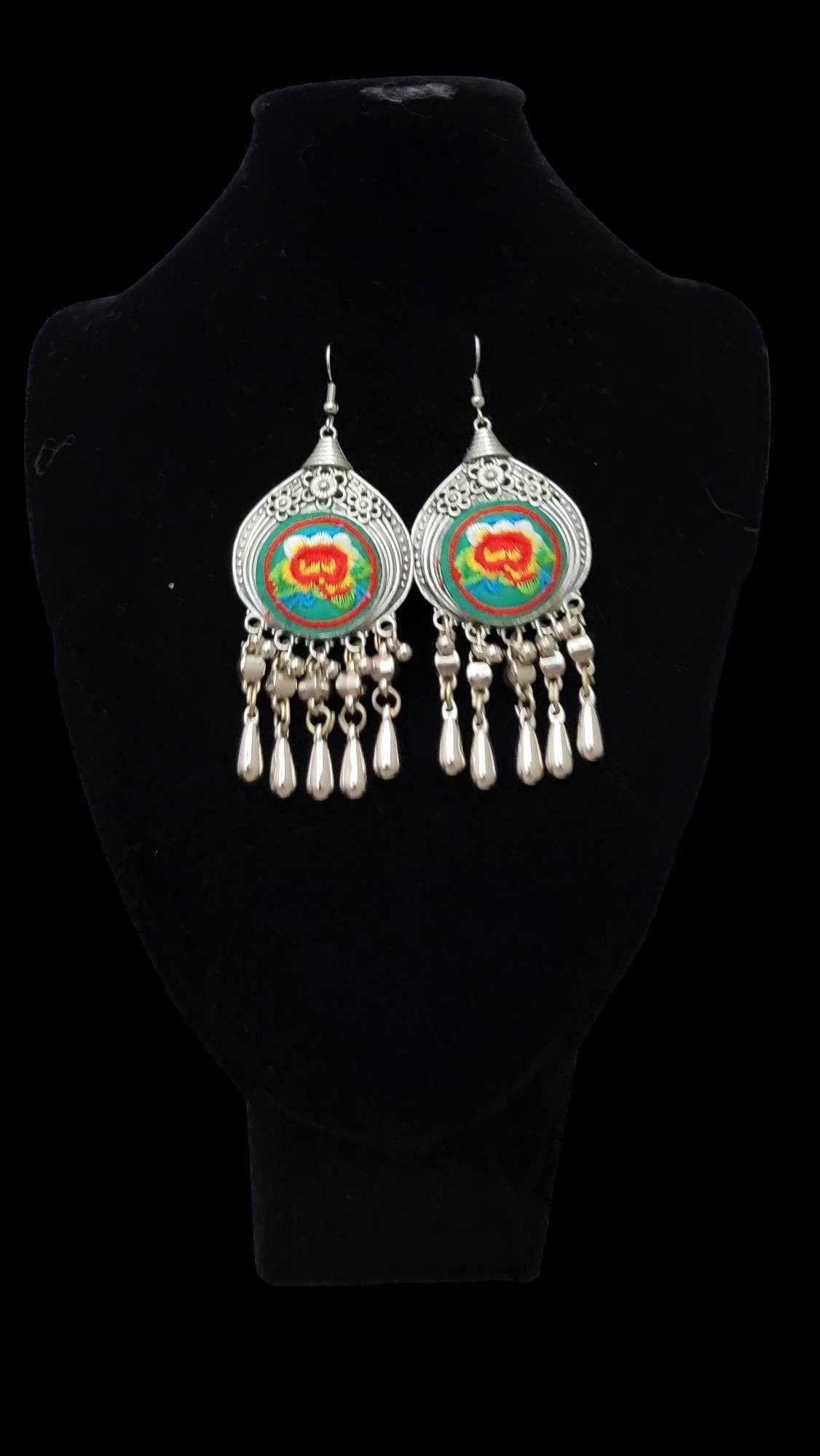 Miao Silver Dangle Earrings: Embroidered Flower, Ethnic Boho