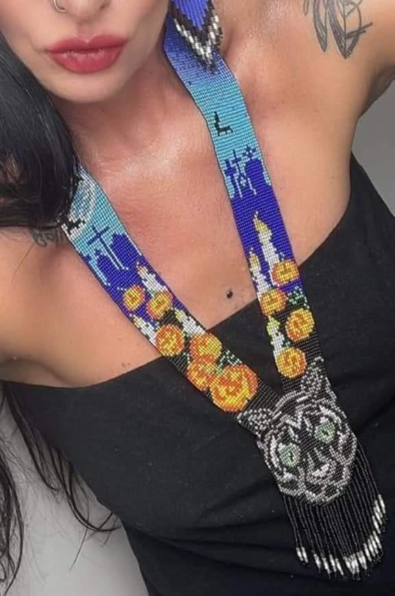 Beaded Halloween Necklace: Spooky Cat & Pumpkin Jewelry