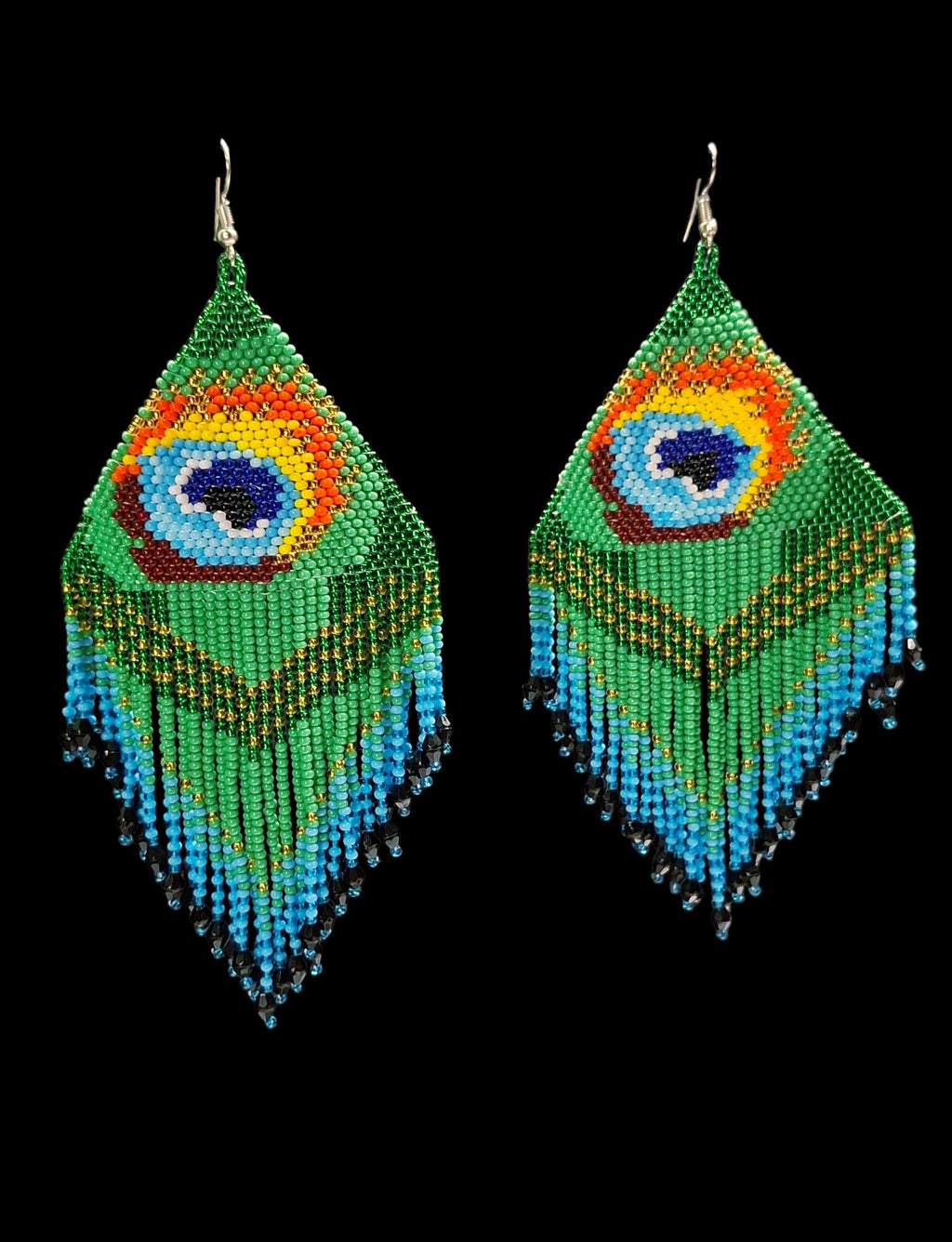 Vibrant Beaded Peacock Feather Earrings | Handwoven Green Fringe Dangle Earrings | Statement Seed Bead Jewelry Gift