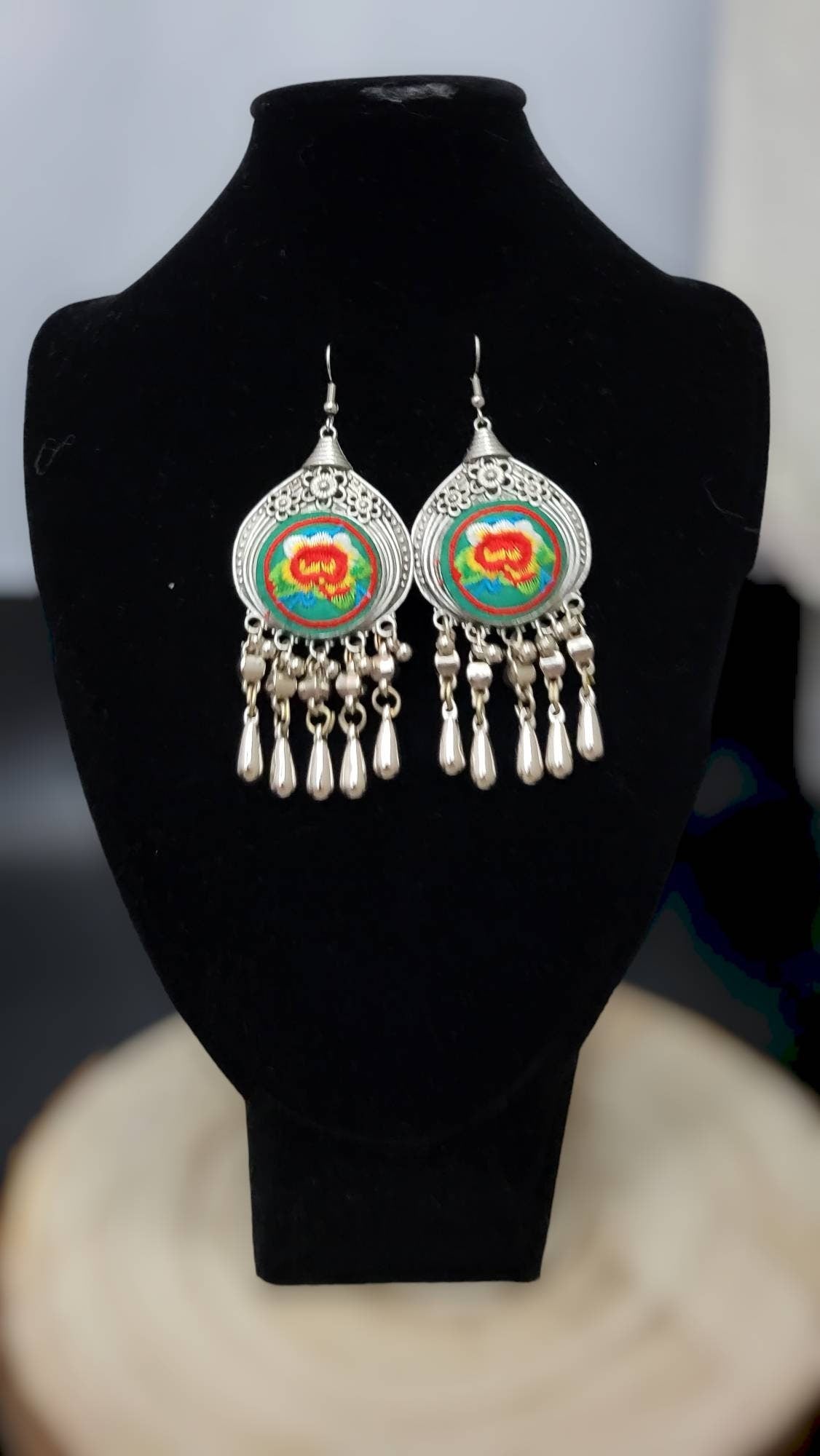 Miao Silver Dangle Earrings: Embroidered Flower, Ethnic Boho