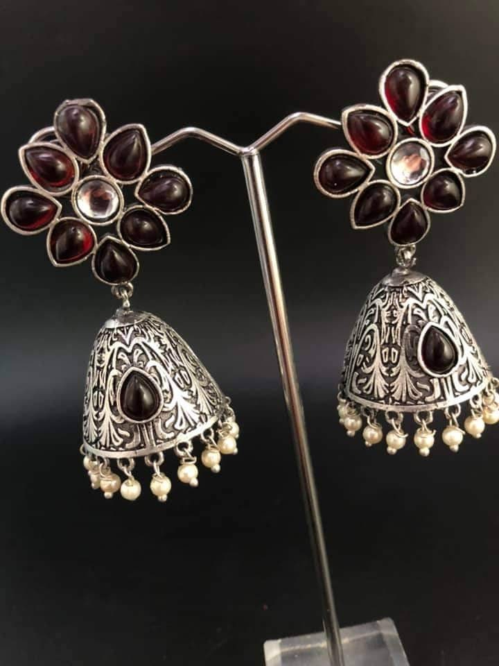 Oxidized German Silver Jhumka Earrings: Indian Beaded Jewelry