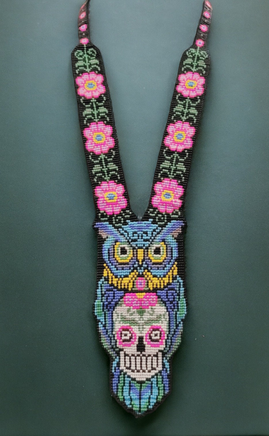Handmade Beaded Owl Necklace: Skull Motif, Floral Chain